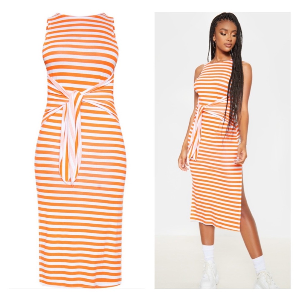 NWT Women’s 4 Pretty Little Thing Orange Stripe Sleeveless Tie Waist Midi Dress